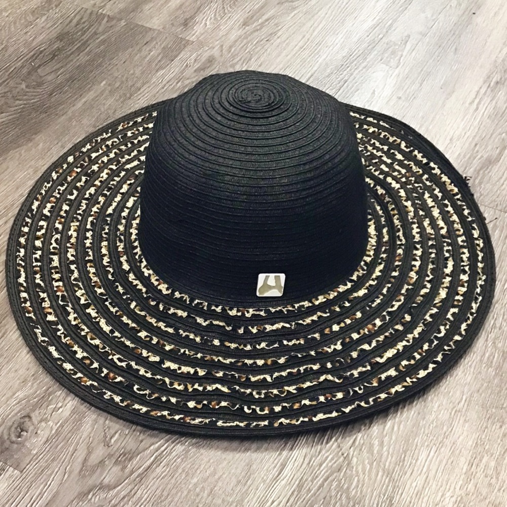 Black Animal Print Ribbon Straw Beach Hat